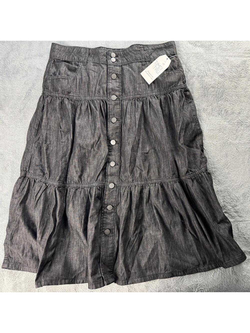 Time and Tru Long Flowy Boho Button Front Denim Jean Skirt Size 12 NWT